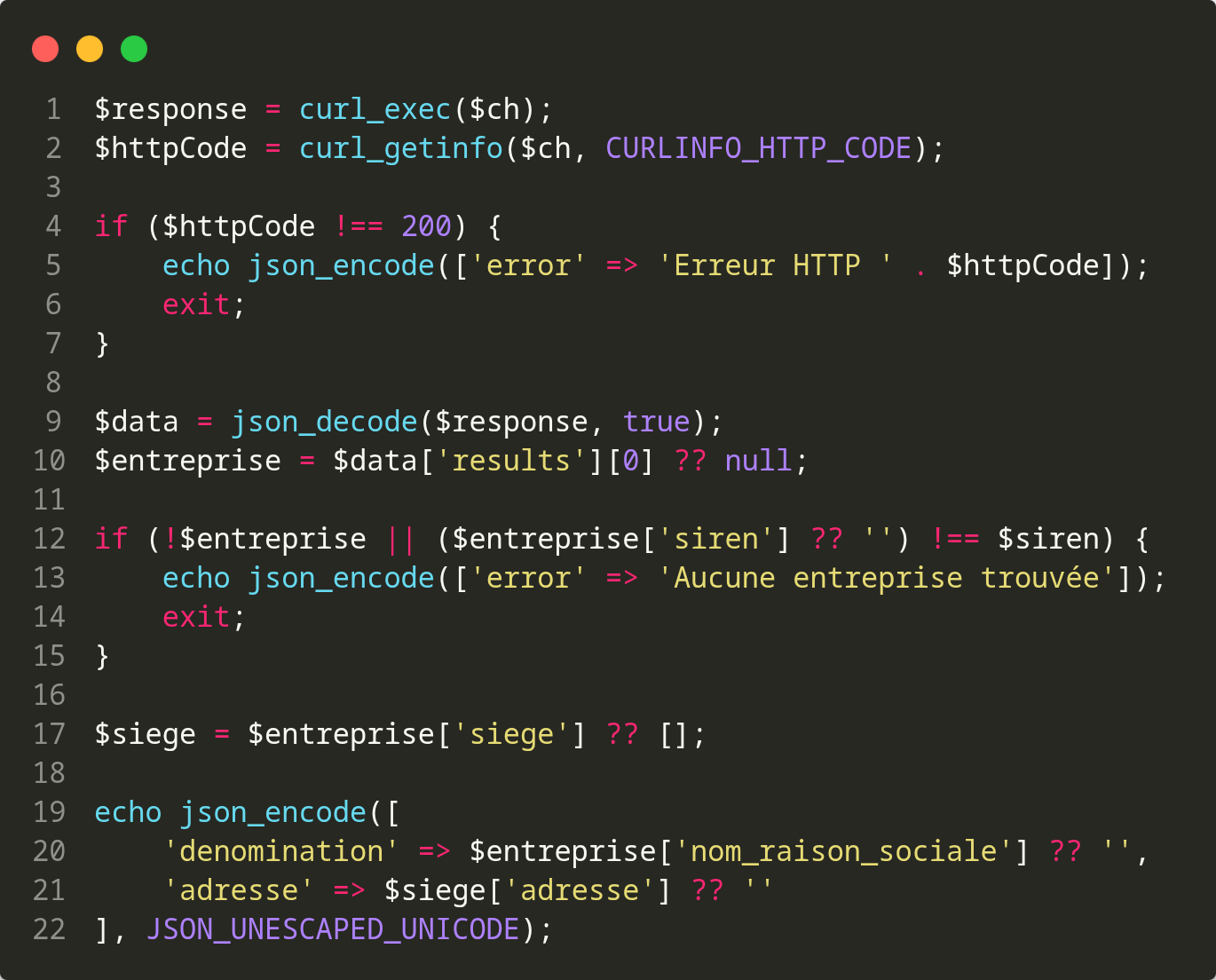 Code PHP pour l'appel à l'API Siren